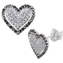 Sterling Silver Black and White Cubic Zirconia Heart Earrings
