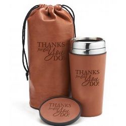 Thanks Coffee Tumbler, Coaster and Leather Bag Set