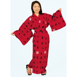 Red Women's Yukata Cotton Robe with Chinese Characters