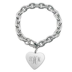 Personalized Monogram Silver Heart Charm Link Bracelet