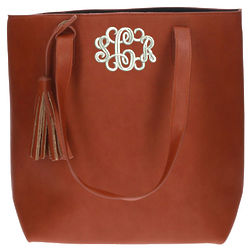 Monogrammed Faux Leather Tasseled Tote Bag