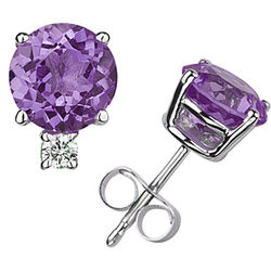 Round Amethyst and Diamond Stud Earrings in 14K White Gold