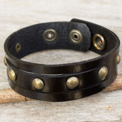Men's Rustic Black Leather Wristband Bracelet