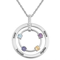 Mother's 4 Birthstones Sterling Family Name Circle Pendant