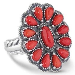 Silver Red Coral Cluster Design Ring
