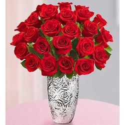 Two Dozen Red Roses with Silver Embossed Vase