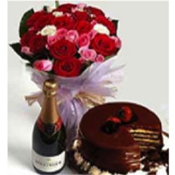 Wine Celebration with Cake and Roses