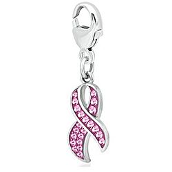 Sterling Silver Pink Crystal Ribbon Charm with Lobster Clasp