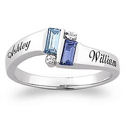 Sterling Silver Couple's Emerald-cut Birthstone Name Ring