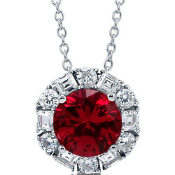 Round CZ Simulated Ruby Silver Halo Pendant Necklace