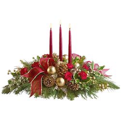 All Is Bright Candle and Fresh Evergreen Centerpiece