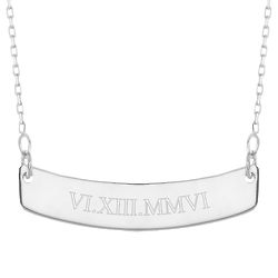 Personalized Roman Numeral Silver Curved Name Bar Necklace