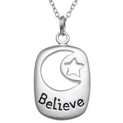 Sterling Silver Rectangular Moon & Star Believe Pendant