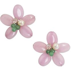 Pink Thai Daisy Cultured Pearl and Quartz Flower Earrings