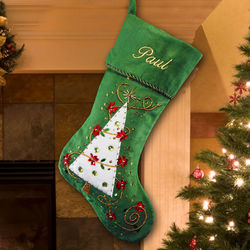 Green Embroidered Christmas Tree Stocking