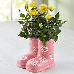 Yellow Roses in Rain Boot Planter