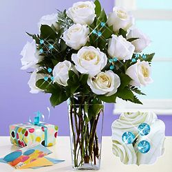September Birthstone White Roses and Blue Sapphires Bouquet