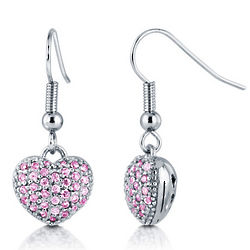 Pink CZ Silvertone 3D Puffed Heart Dangle Earrings