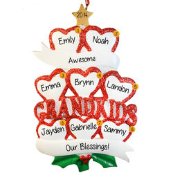 Personalized Eight Grandchildren Glittered Hearts Ornament