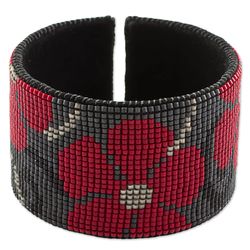 Red Maya Blossoms Glass Beaded Leather Cuff Bracelet