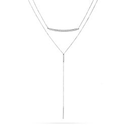 CZ Bar and Lariat Silver Layered Necklace Set