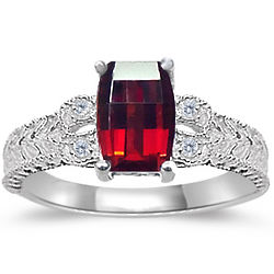 Diamond Accents and 1.25 Cts Garnet Ring in 14K White Gold