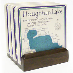Personalized Lake Art Coasters with Dark Wood Stand