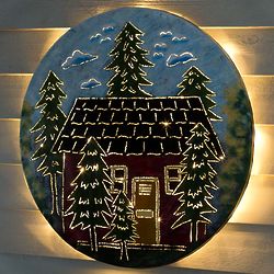 Lighted Cabin Recycled Oil Drum Lid Wall Art