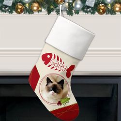 Cat's Custom Photo Christmas Stocking with Fish Bone Design