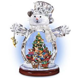 Illuminated Crystal Snow Cat Figurine with Moving Sleigh