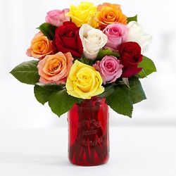 One Dozen Valentine's Rainbow Roses with Mason Jar and Chocolates