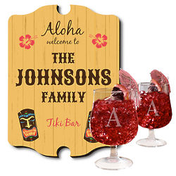 Personalized Tiki Bar Sign and Hurricane Glass