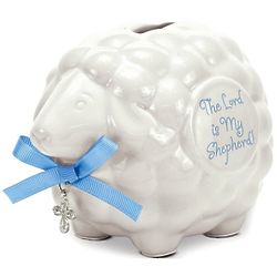 The Lord Is My Shepherd Sheep Bank with Blue Ribbon