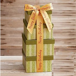 Organic Fruit and Snack Gift Tower with Happy Birthday Ribbon