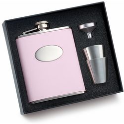 Engraved 6-Ounce Pink Leather Flask with 2 Shot Glasses