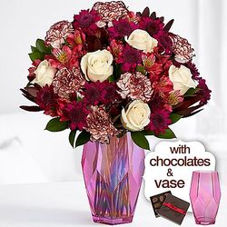 One in a Million Bouquet with Pink Gem Vase & Chocolates