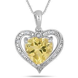 Lemon Quartz and Diamond Heart Pendant in Sterling Silver