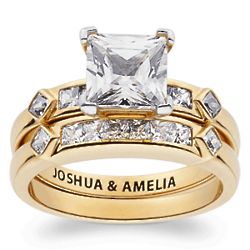Gold Over Sterling Square Cubic Zirconia Engraved Wedding Set