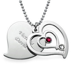 Couple's Personalized Birthstones and Silver Heart Necklace