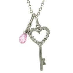 Key To My Heart Sterling CZ and Pink Crystal Charm Necklace