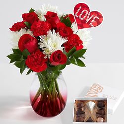 Red Rose Romance in Ruby Ombre Vase and Chocolates