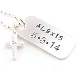Cross with Date Tag Personalized Hand Stamped Necklace