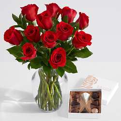 12 Long Stemmed Red Roses in Ginger Vase with Chocolates
