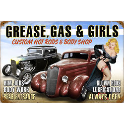 Grease, Gas and Girls Distressed Metal Sign
