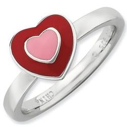 Red and Pink Enamel Double Heart Stack Ring in Sterling Silver