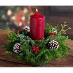 Red Pillar Candle and Holiday Greenery Centerpiece
