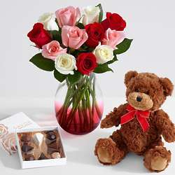 12 Sweetheart Roses in Ombre Vase with Chocolates & Teddy Bear