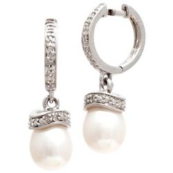 Sterling Silver Pearl Drop Earrings with Diamond Accents