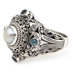 Pearl and Blue Topaz Domed Ring