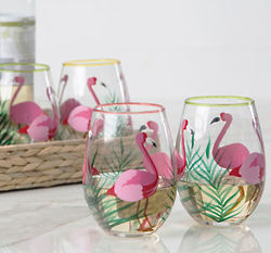 6 Flamingo Handpainted Stemless Wine Glasses
